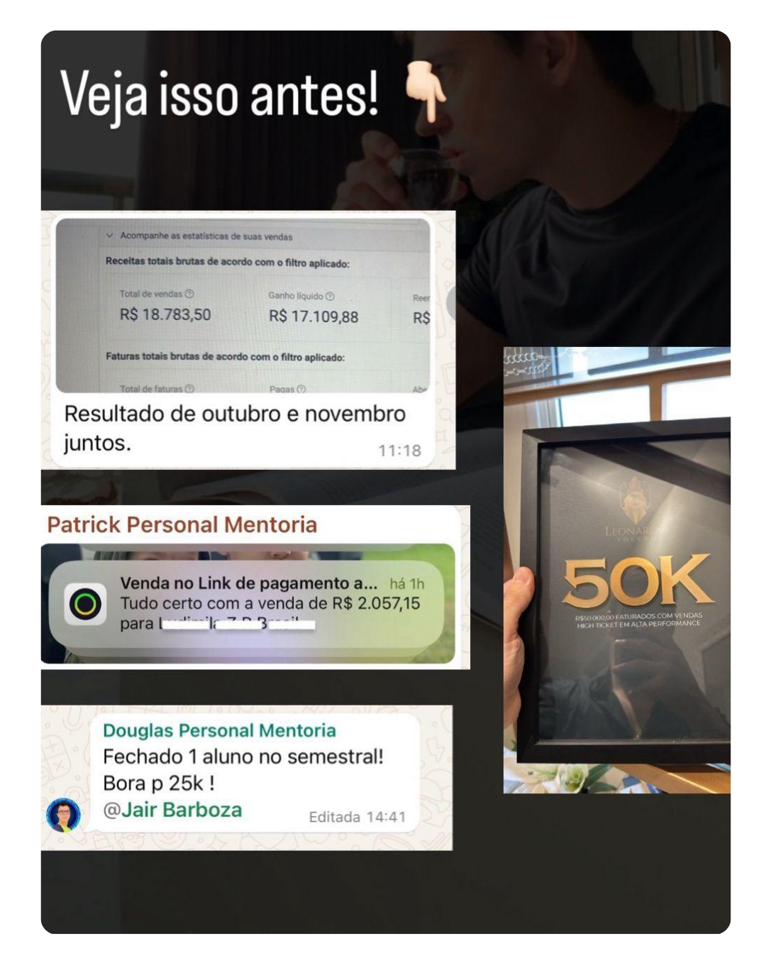 Prints de vendas de alunos e placa de 50K faturados na Mentoria PMVP